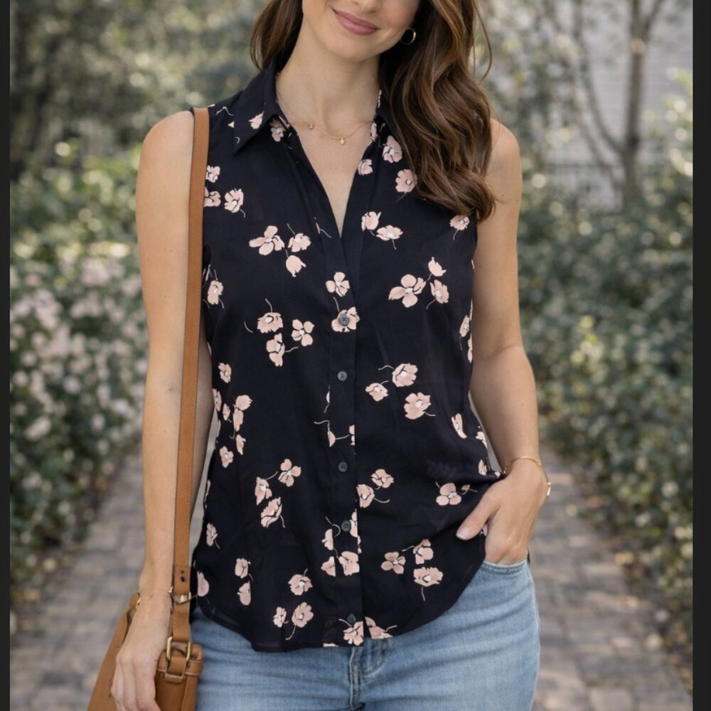 Ann Taylor Sleeveless Blouse Navy Blue Pink Floral XS Tall